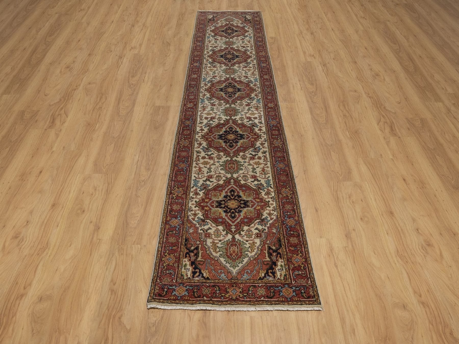 Heriz Heriz hand-knotted wool runner in Ivory & Red, 2'7" x 12'1" — SKU O092404 (view 2)