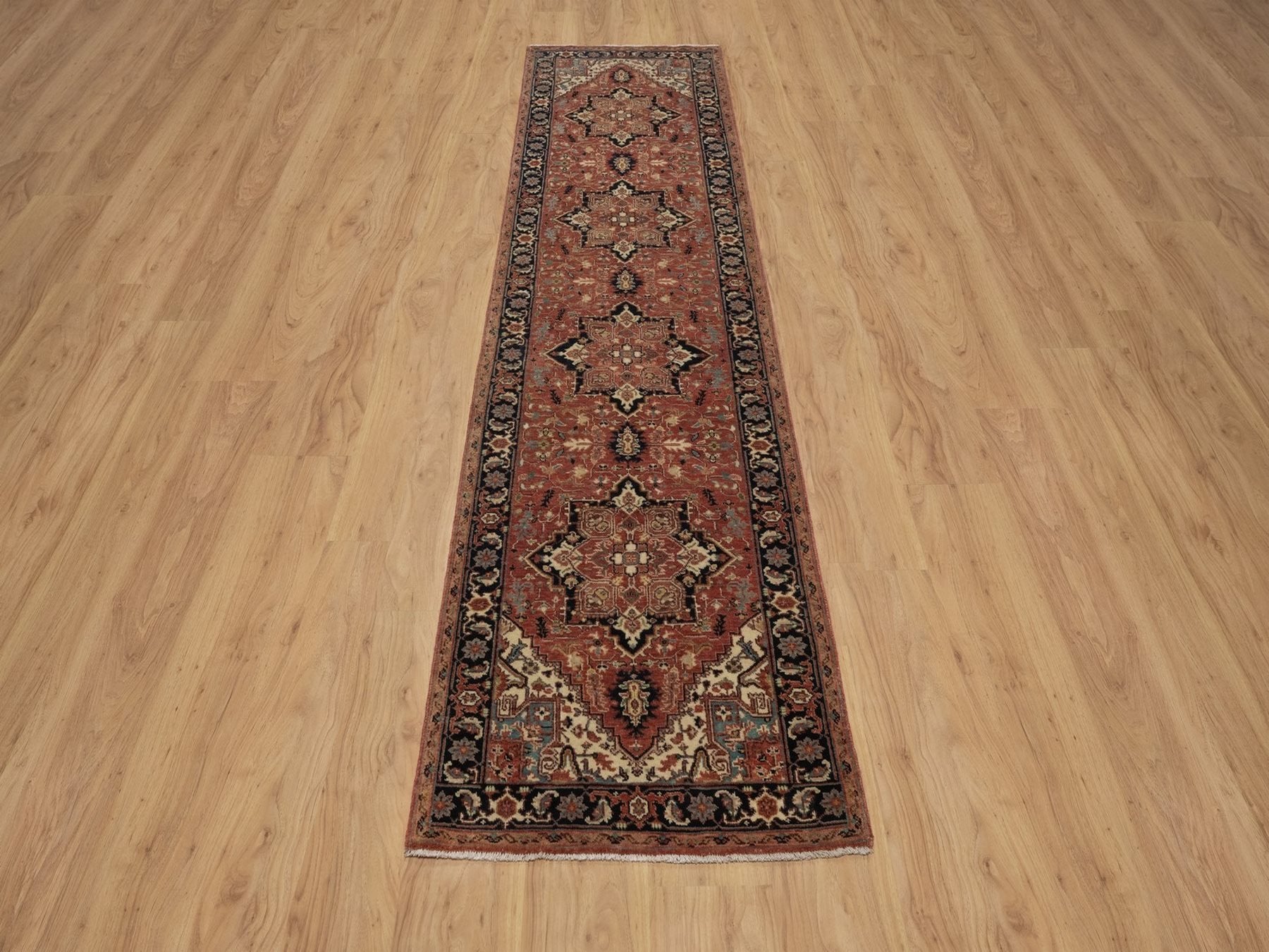Heriz Heriz hand-knotted wool runner in Red & Midnight Blue, 2'6" x 9'11" — SKU O092438 (view 2)