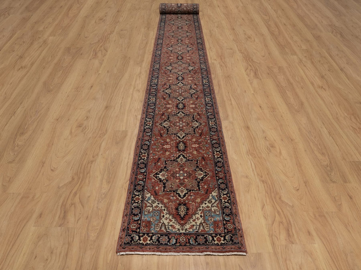 Heriz Heriz hand-knotted wool runner in Red & Midnight Blue, 2'7" x 26'1" — SKU O092439 (view 2)