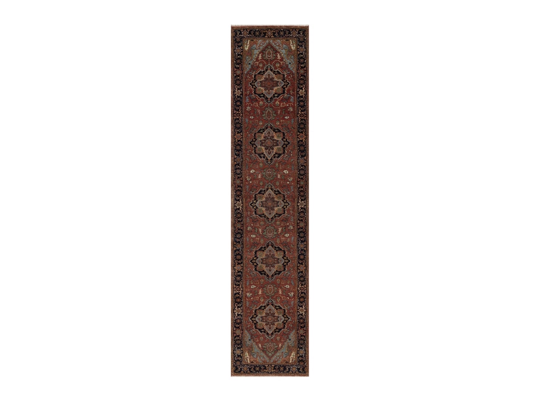 Heriz Heriz hand-knotted wool runner in Red & Midnight Blue, 2'7" x 12'1" — SKU O092449