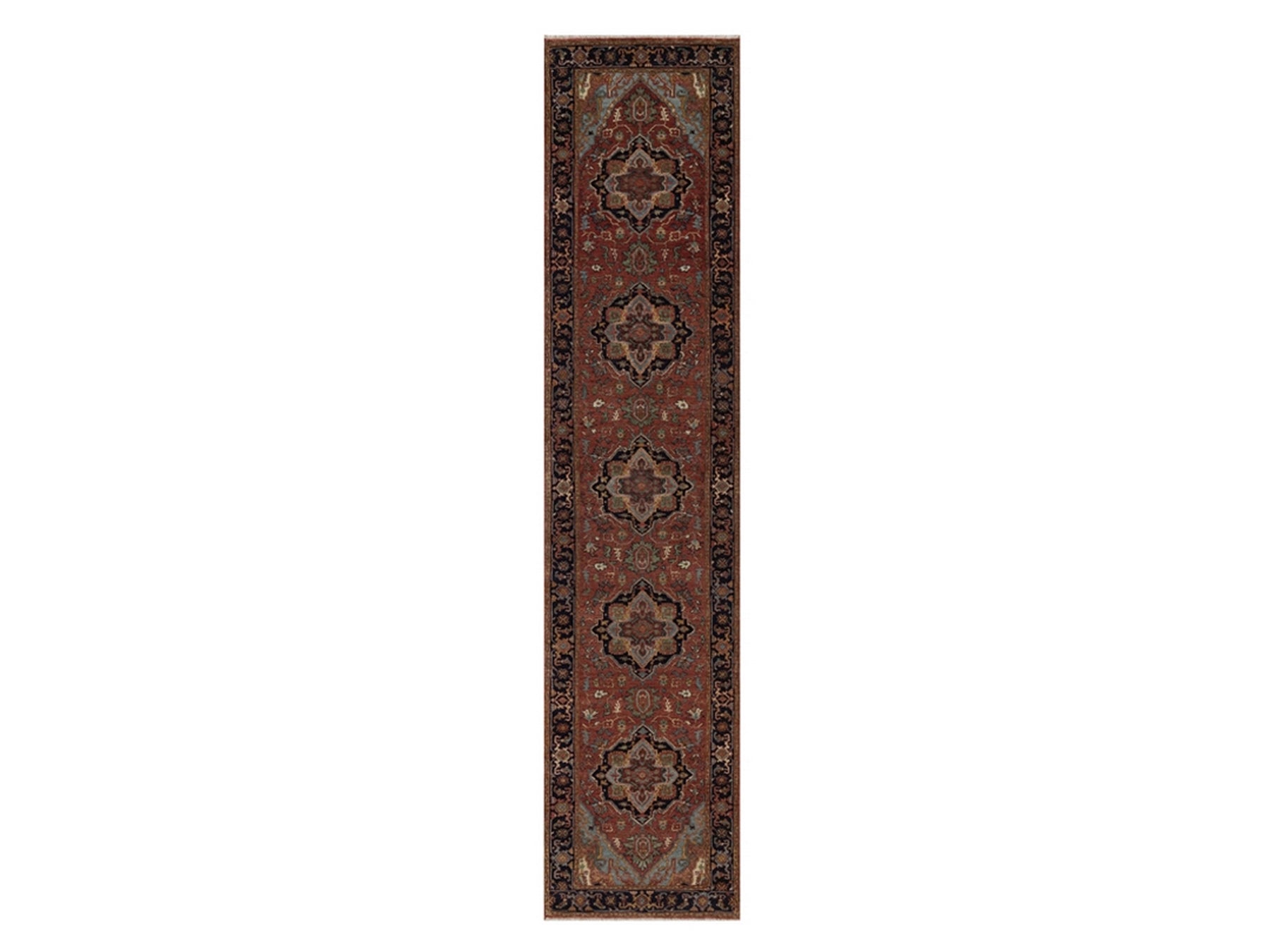 Heriz Heriz hand-knotted wool runner in Red & Midnight Blue, 2'6" x 12' — SKU O092450