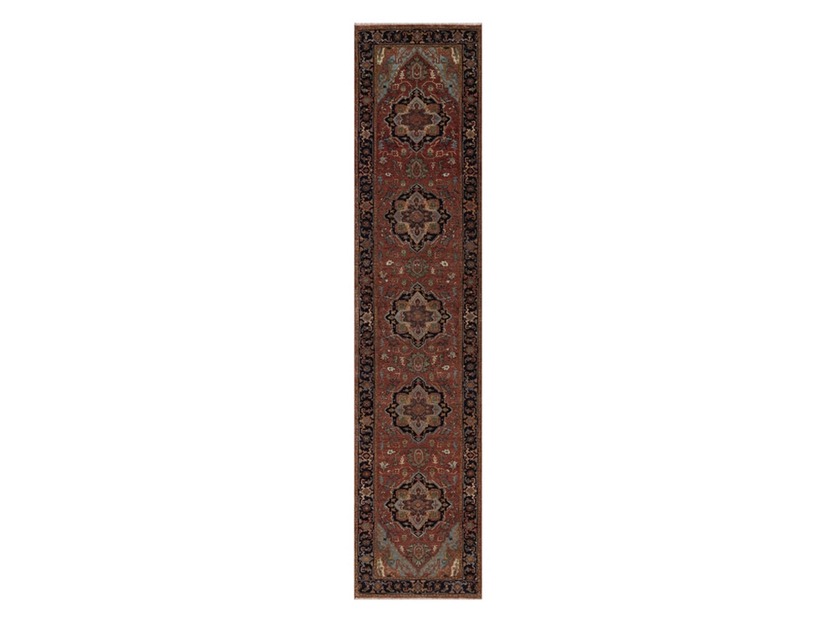 Heriz Heriz hand-knotted wool runner in Red & Midnight Blue, 2'6" x 12' — SKU O092450