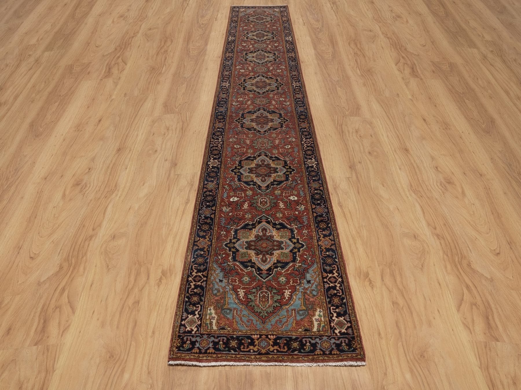 Heriz Heriz hand-knotted wool runner in Red & Midnight Blue, 2'6" x 16' — SKU O092451 (view 2)