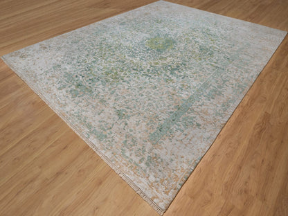 Green 11'10" x 15'1" Modern and Contemporary Hand knotted Wool/Silk Rug - Sku: O092462