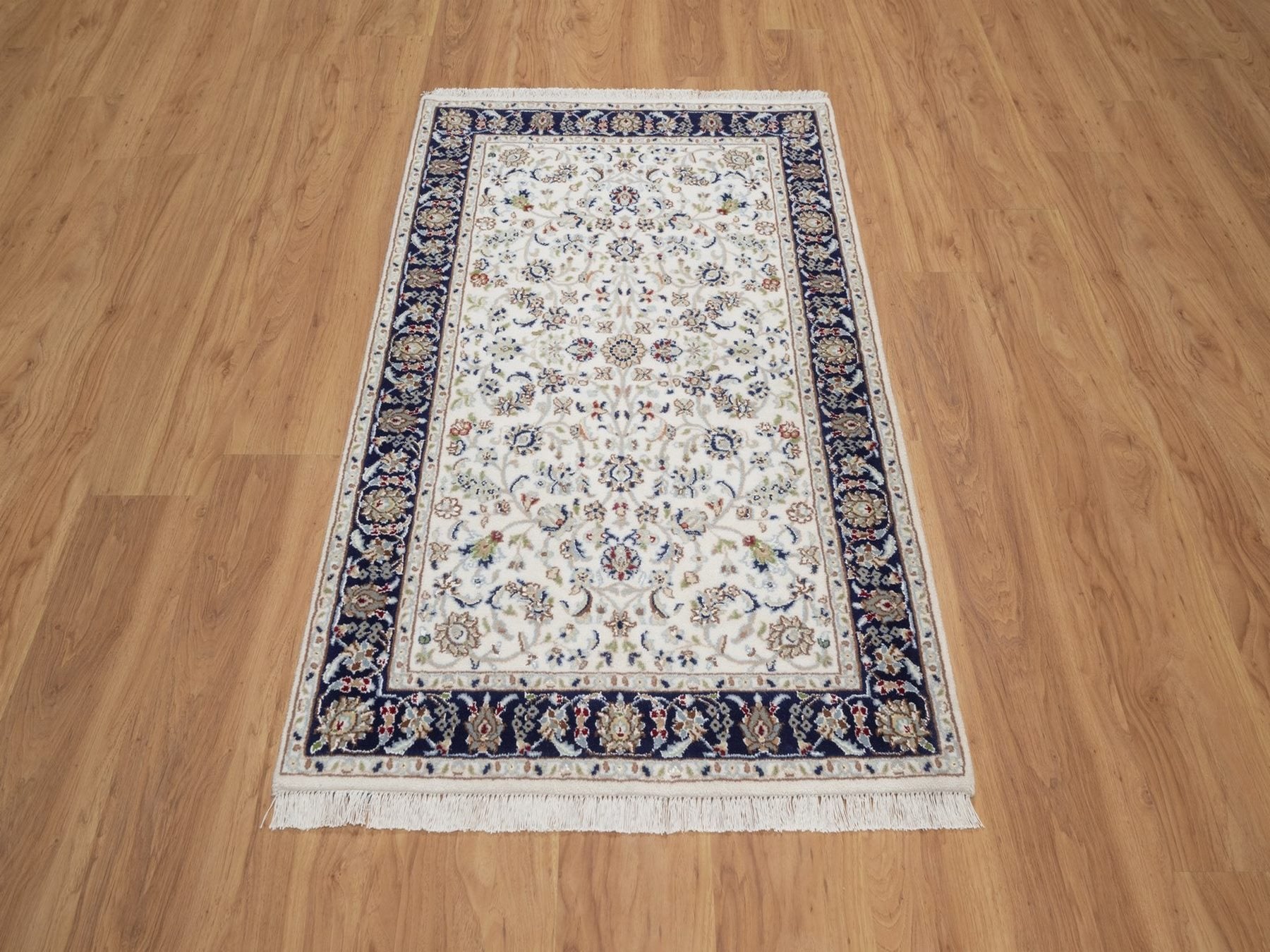 Nain Fine Oriental hand-knotted wool/silk rug in Ivory & Midnight Blue, 3'1" x 5'2" — SKU O092464 (view 2)