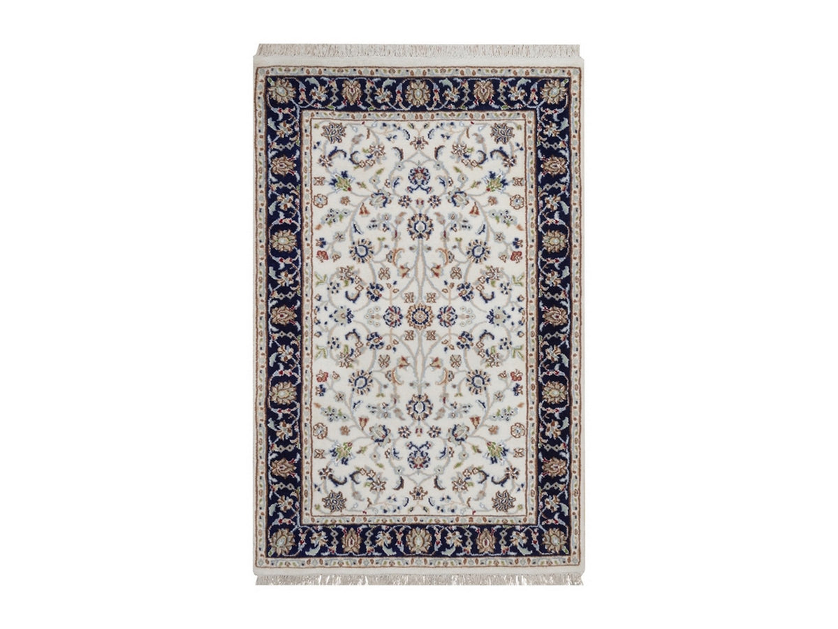 Nain Fine Oriental hand-knotted wool/silk rug in Ivory & Midnight Blue, 2'8" x 4'2" — SKU O092465