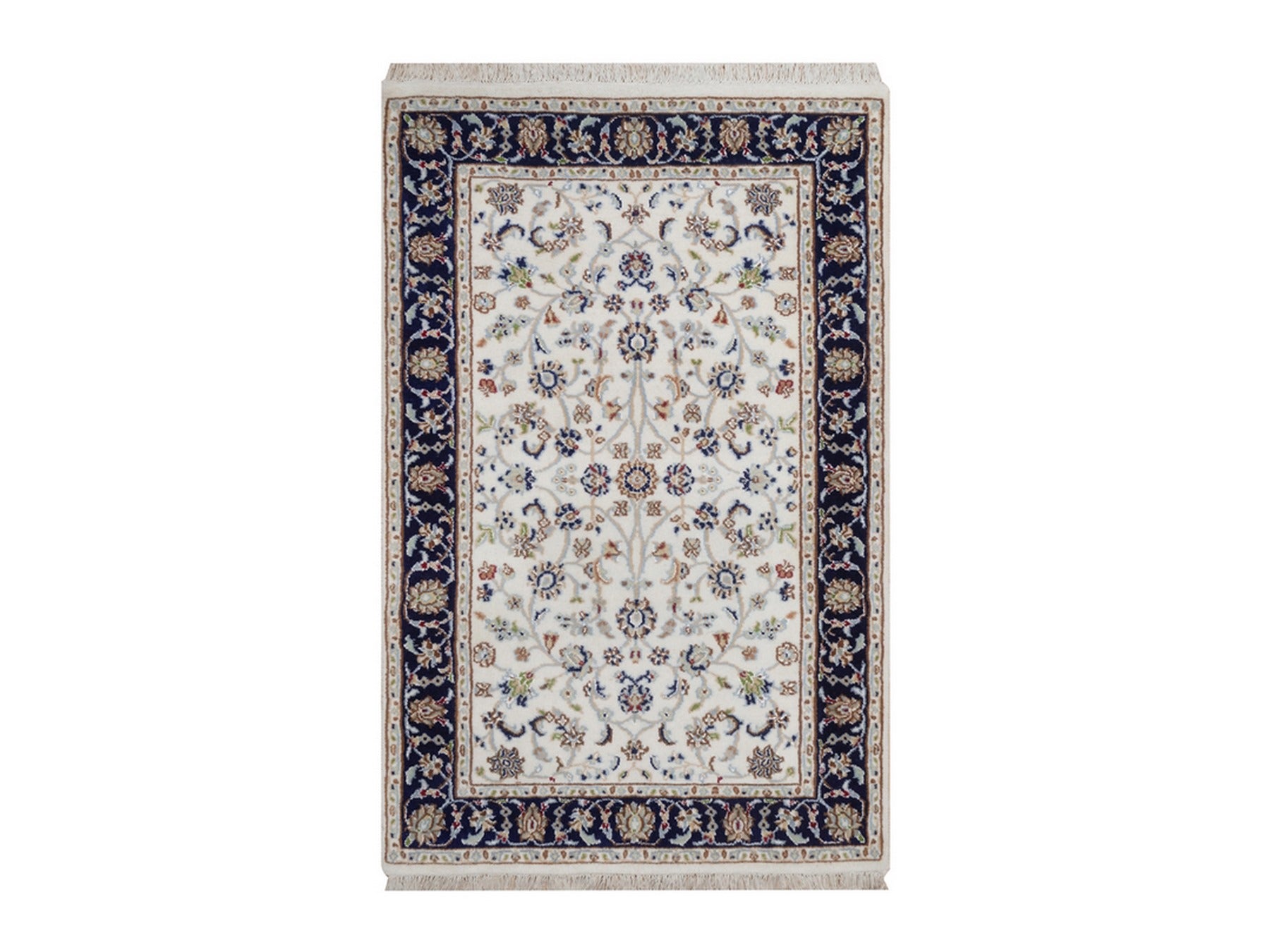 Nain Fine Oriental hand-knotted wool/silk rug in Ivory & Midnight Blue, 2'8" x 4'2" — SKU O092469