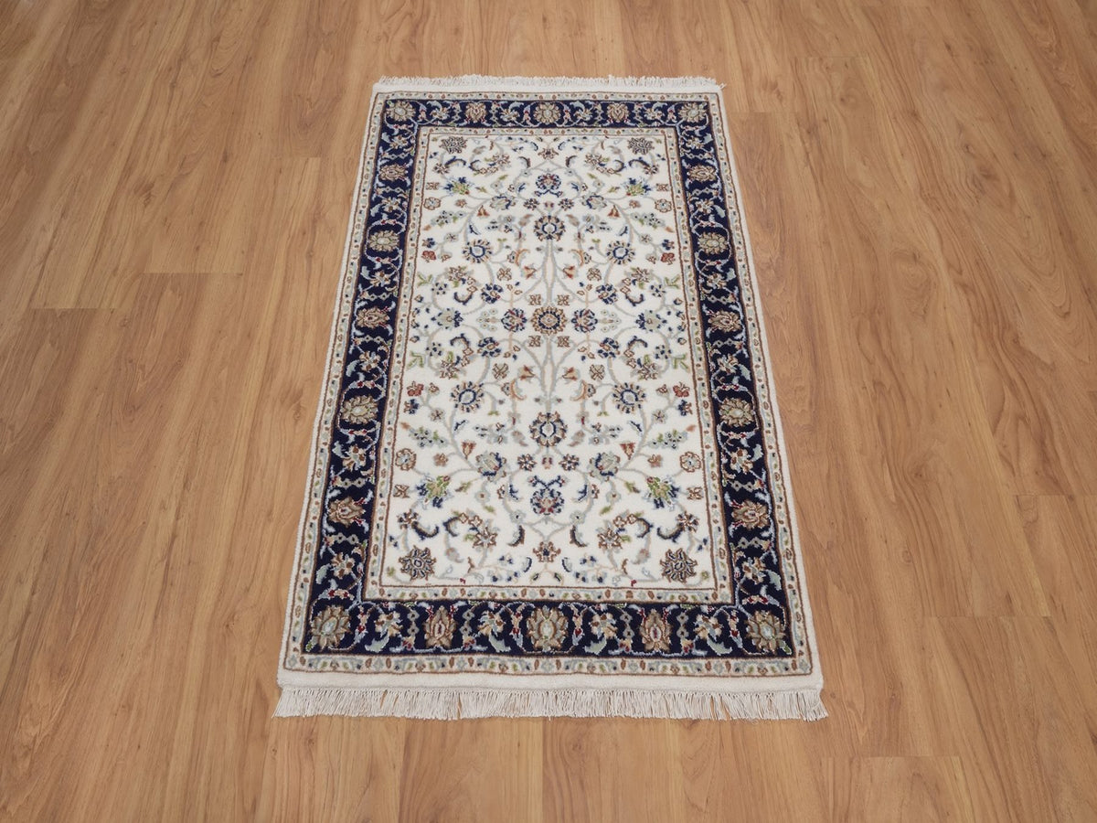 Nain Fine Oriental hand-knotted wool/silk rug in Ivory & Midnight Blue, 2'8" x 4'2" — SKU O092469 (view 2)