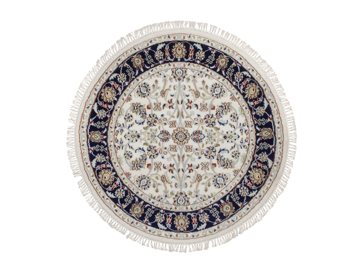 Nain Fine Oriental hand-knotted wool/silk rug in Ivory & Midnight Blue, 3'3" x 3'3" — SKU O092472