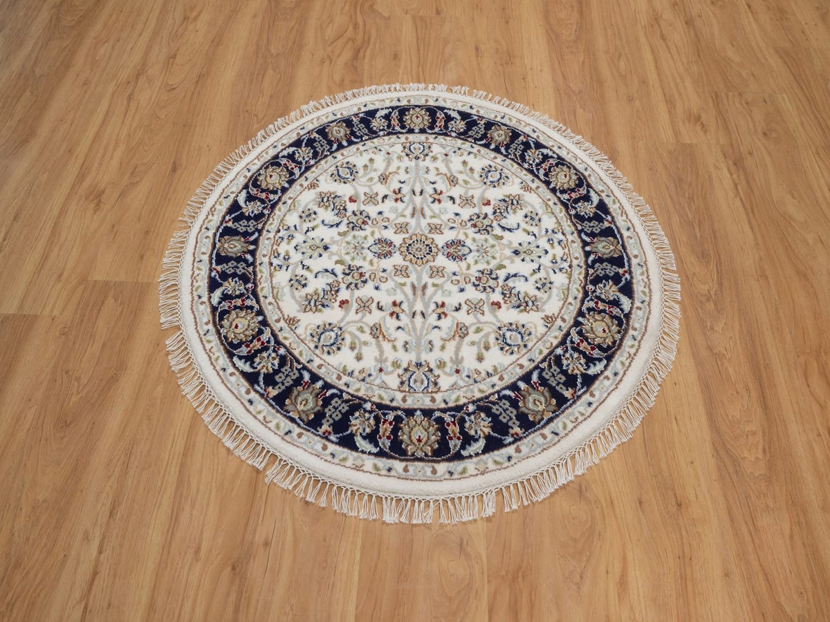 Nain Fine Oriental hand-knotted wool/silk rug in Ivory & Midnight Blue, 3'3" x 3'3" — SKU O092472 (view 2)