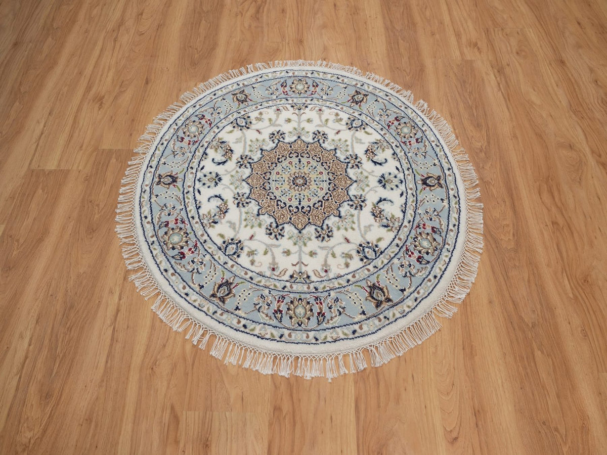 Nain Fine Oriental hand-knotted wool/silk rug in Ivory & Light Blue, 3'3" x 3'3" — SKU O092475 (view 2)
