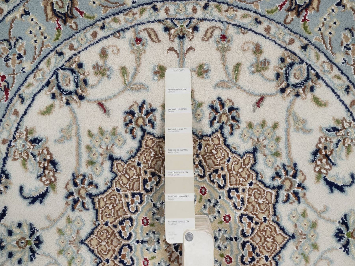 Nain Fine Oriental hand-knotted wool/silk rug in Ivory & Light Blue, 3'3" x 3'3" — SKU O092475 (view 4)