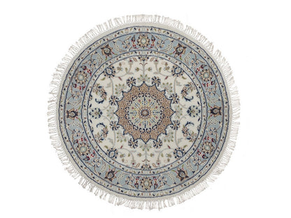 Nain Fine Oriental hand-knotted wool/silk rug in Ivory & Light Blue, 3'3" x 3'4" — SKU O092476