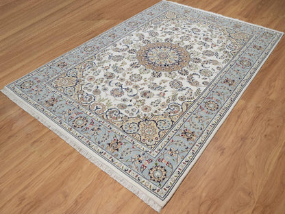 Nain Fine Oriental hand-knotted wool/silk rug in Ivory & Light Blue, 6'3" x 9'2" — SKU O092477 (view 3)