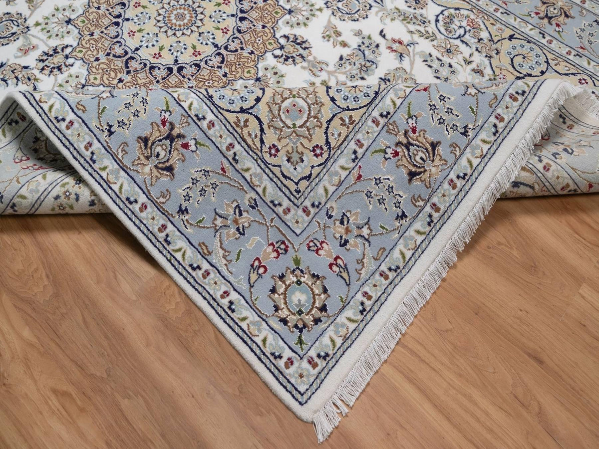 Nain Fine Oriental hand-knotted wool/silk rug in Ivory & Light Blue, 6'3" x 9'2" — SKU O092477 (view 6)