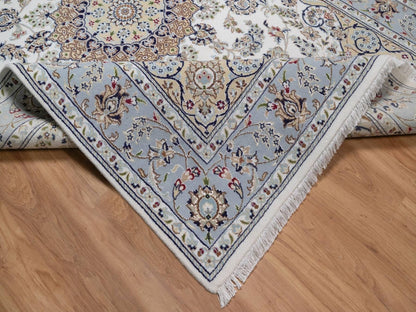 Nain Fine Oriental hand-knotted wool/silk rug in Ivory & Light Blue, 6'3" x 9'2" — SKU O092477 (view 6)