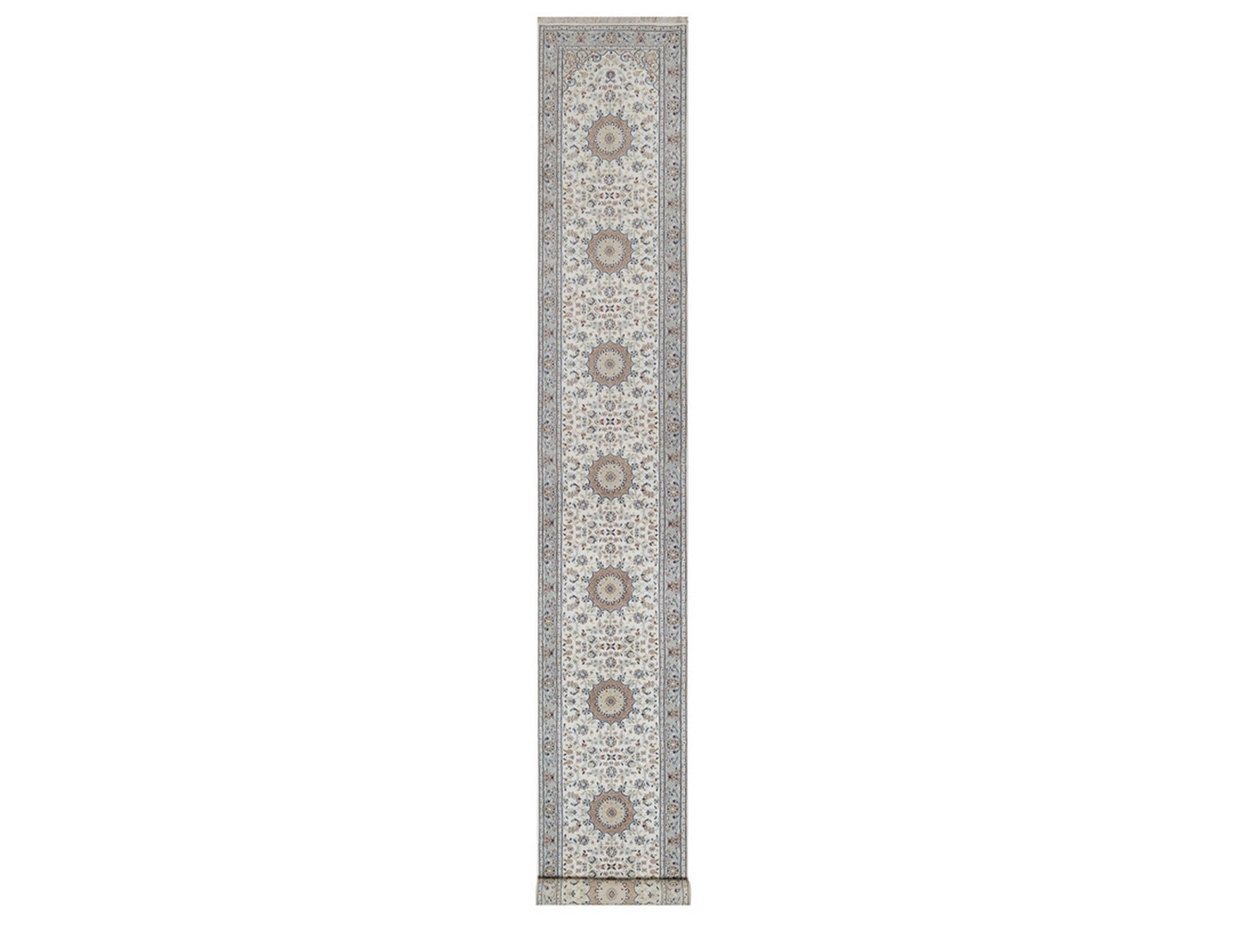 Nain Fine Oriental hand-knotted wool/silk runner in Ivory & Light Blue, 2'9" x 18'4" — SKU O092478
