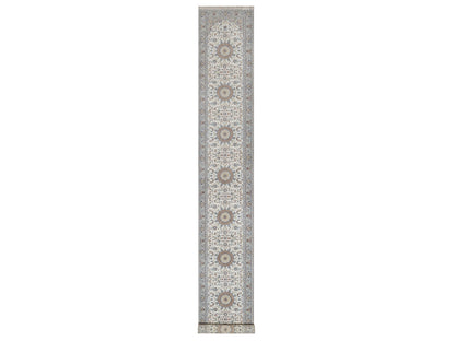 Nain Fine Oriental hand-knotted wool/silk runner in Ivory & Light Blue, 2'9" x 18'4" — SKU O092478