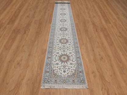 Nain Fine Oriental hand-knotted wool/silk runner in Ivory & Light Blue, 2'9" x 18'4" — SKU O092478 (view 2)