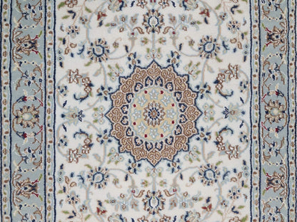Nain Fine Oriental hand-knotted wool/silk runner in Ivory & Light Blue, 2'9" x 18'4" — SKU O092478 (view 5)