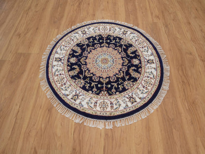Blue 3'3" x 3'3" Fine Oriental Hand knotted Wool/Silk Rug - Sku: O092479