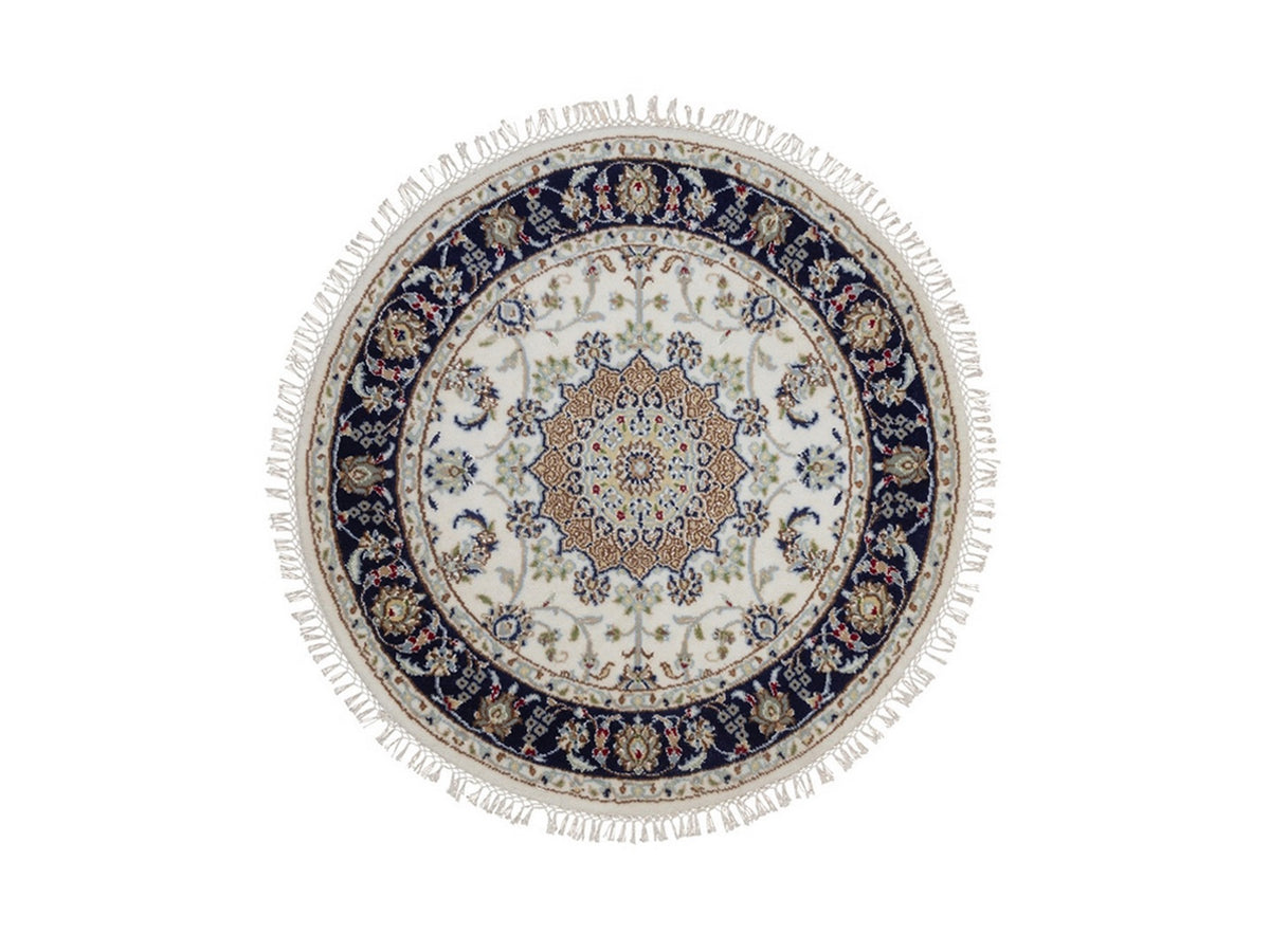 Nain Fine Oriental hand-knotted wool/silk rug in Ivory & Midnight Blue, 3'2" x 3'2" — SKU O092481