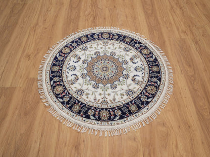 Nain Fine Oriental hand-knotted wool/silk rug in Ivory & Midnight Blue, 3'2" x 3'2" — SKU O092481 (view 2)