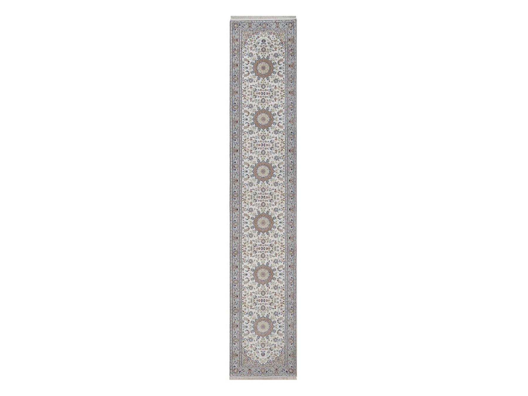 Nain Fine Oriental hand-knotted wool/silk runner in Ivory & Light Blue, 2'9" x 14'5" — SKU O092488