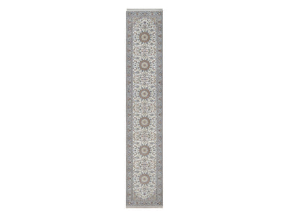 Nain Fine Oriental hand-knotted wool/silk runner in Ivory & Light Blue, 2'9" x 14'5" — SKU O092488
