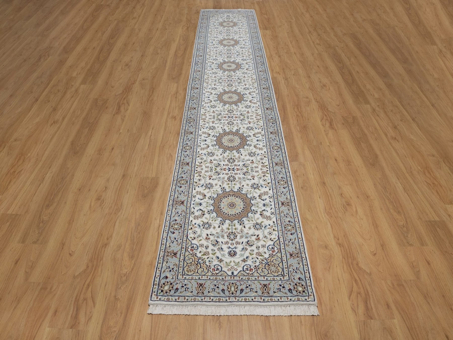 Nain Fine Oriental hand-knotted wool/silk runner in Ivory & Light Blue, 2'9" x 14'5" — SKU O092488 (view 2)