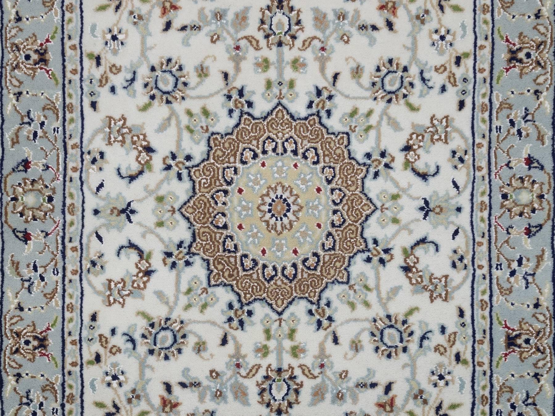 Nain Fine Oriental hand-knotted wool/silk runner in Ivory & Light Blue, 2'9" x 14'5" — SKU O092488 (view 5)