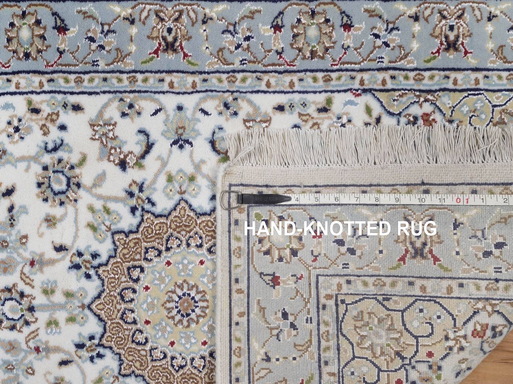 Nain Fine Oriental hand-knotted wool/silk runner in Ivory & Light Blue, 2'9" x 14'5" — SKU O092488 (view 8)
