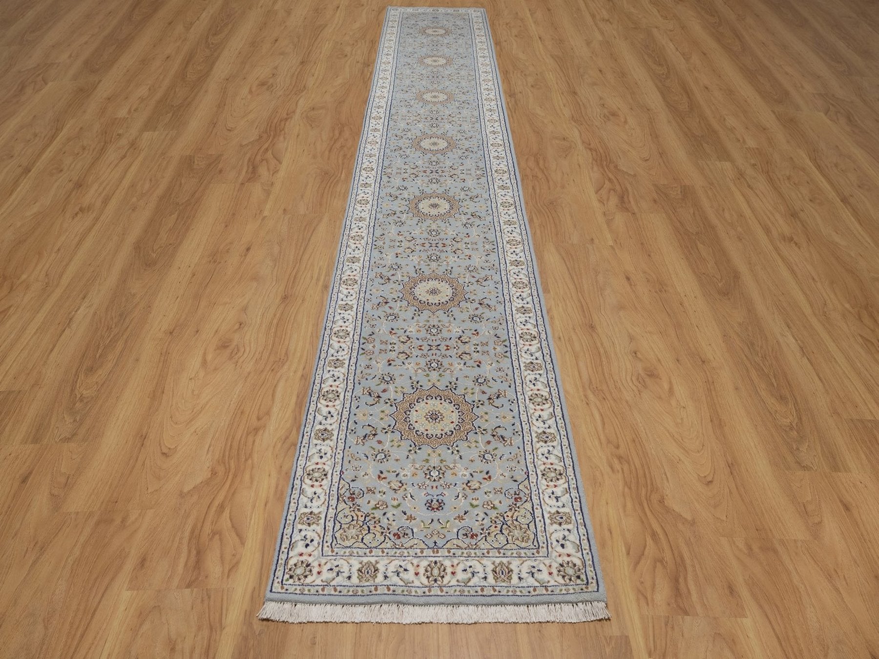 Blue 2'7" x 16'2" Fine Oriental Hand knotted Wool/Silk Rug - Sku: O092489