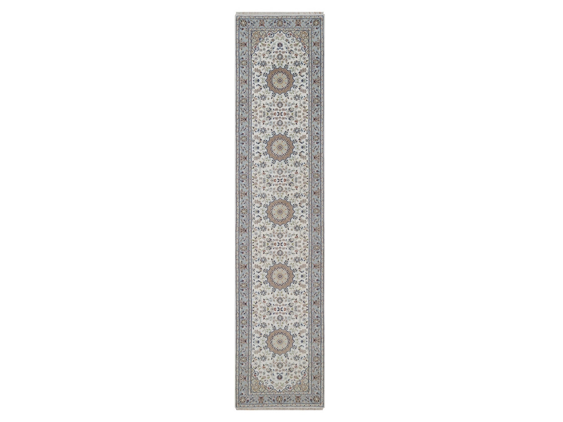 Nain Fine Oriental hand-knotted wool/silk runner in Ivory & Light Blue, 2'9" x 12'4" — SKU O092490