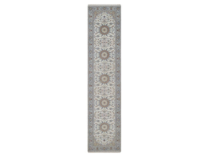 Nain Fine Oriental hand-knotted wool/silk runner in Ivory & Light Blue, 2'9" x 12'4" — SKU O092490