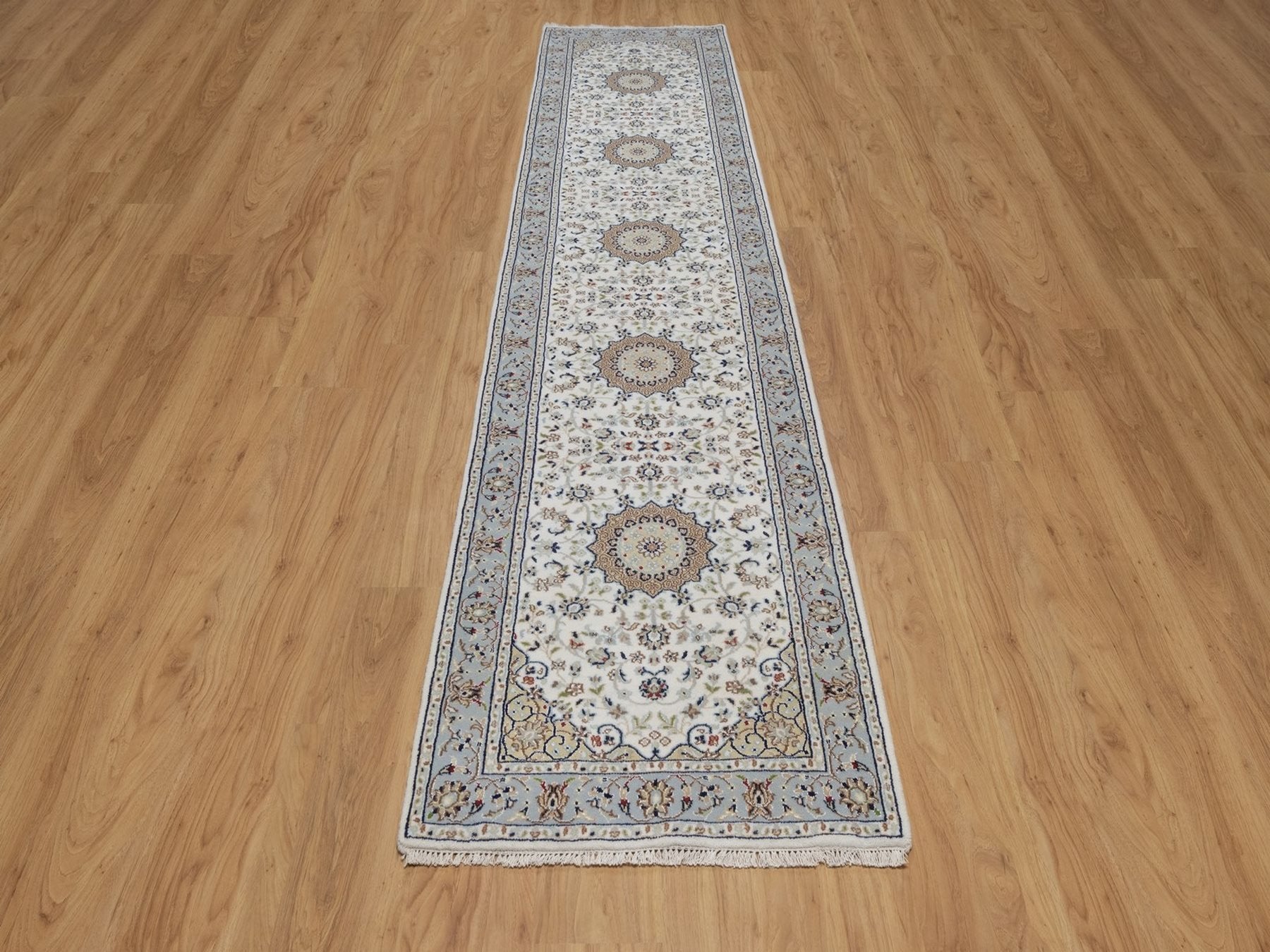 Nain Fine Oriental hand-knotted wool/silk runner in Ivory & Light Blue, 2'9" x 12'4" — SKU O092490 (view 2)