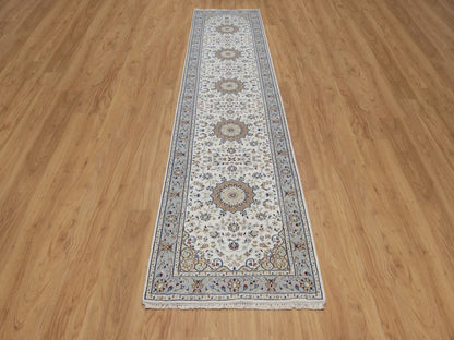 Nain Fine Oriental hand-knotted wool/silk runner in Ivory & Light Blue, 2'9" x 12'4" — SKU O092490 (view 2)