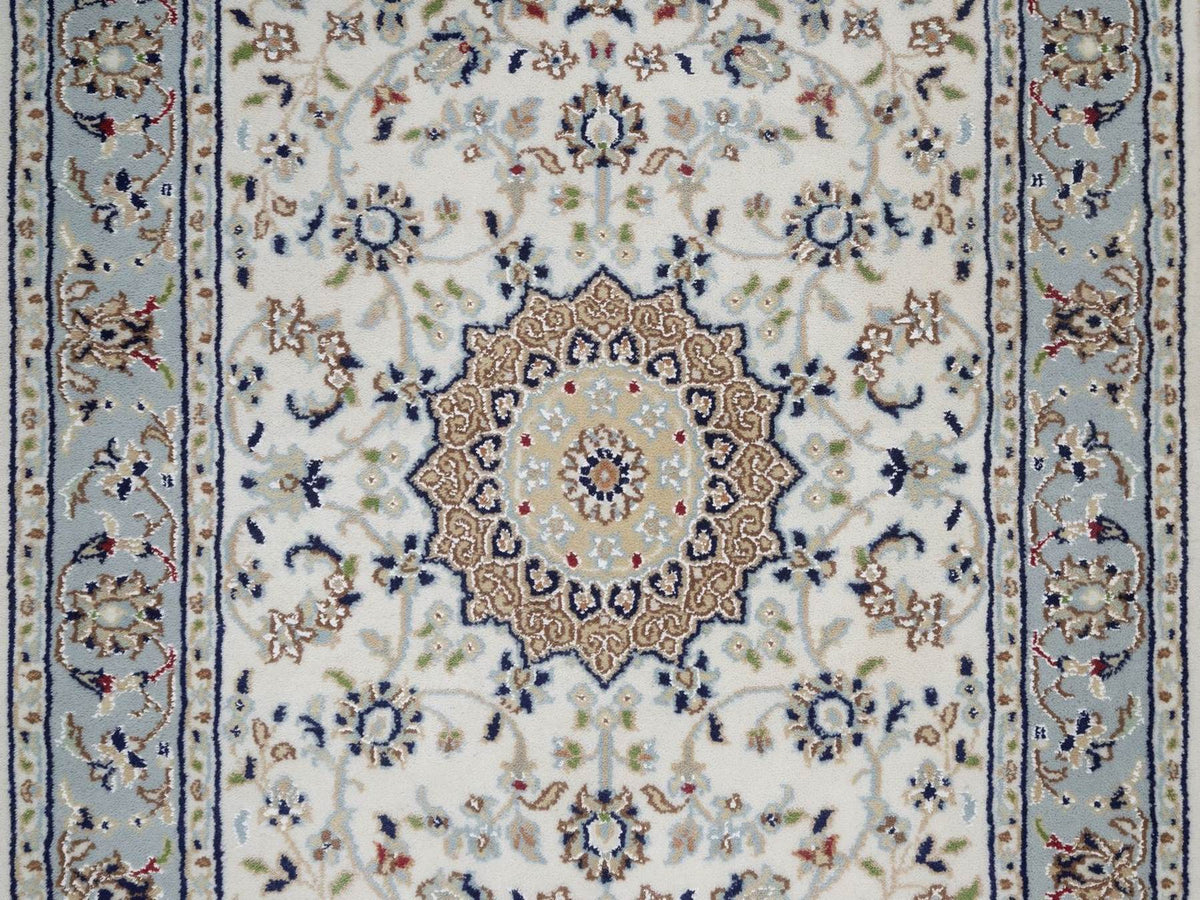 Nain Fine Oriental hand-knotted wool/silk runner in Ivory & Light Blue, 2'9" x 12'4" — SKU O092490 (view 4)