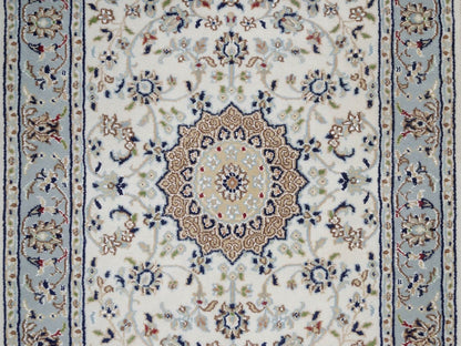 Nain Fine Oriental hand-knotted wool/silk runner in Ivory & Light Blue, 2'9" x 12'4" — SKU O092490 (view 4)