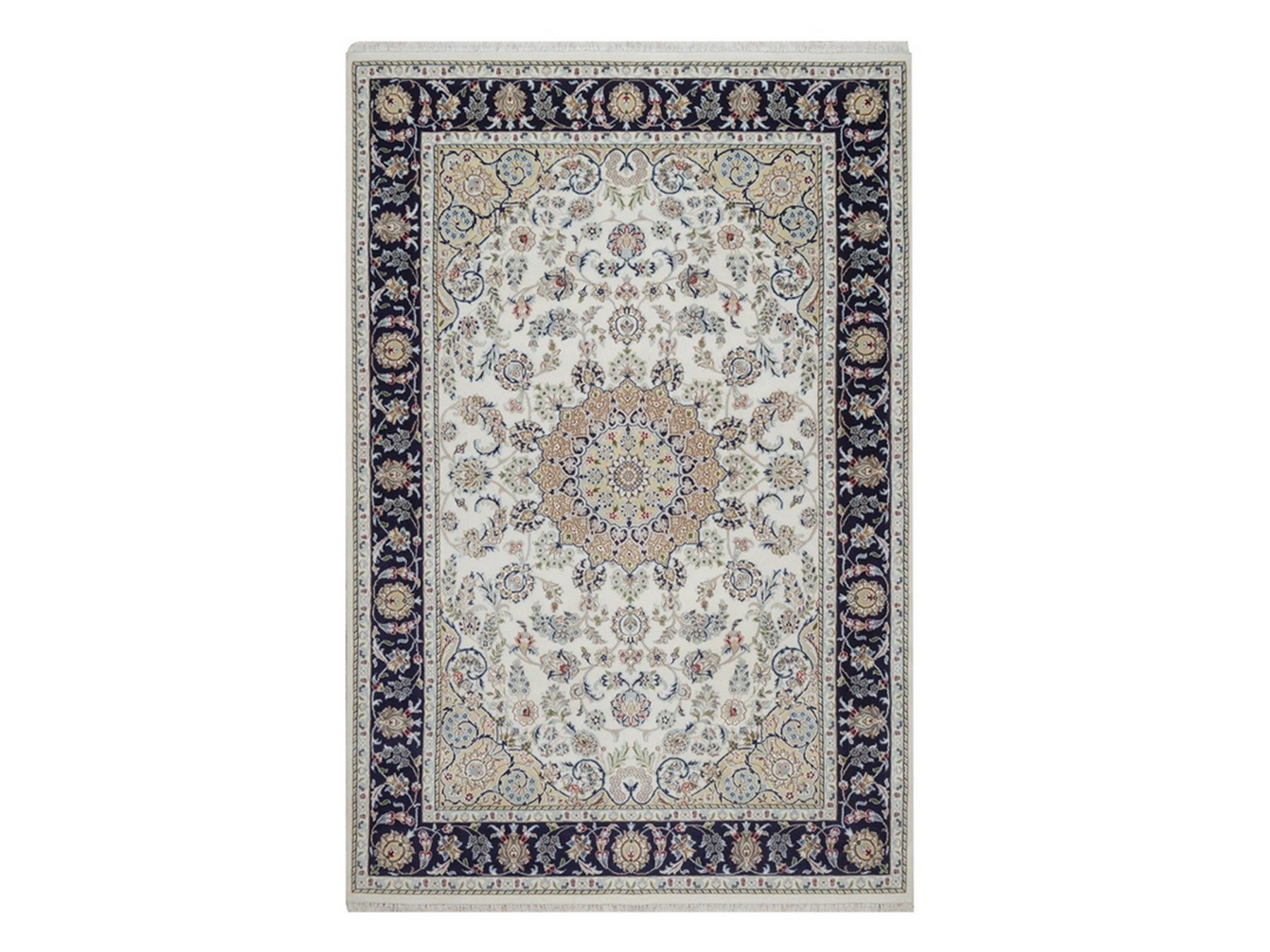 Nain Fine Oriental hand-knotted wool/silk rug in Ivory & Midnight Blue, 6'3" x 9'4" — SKU O092491