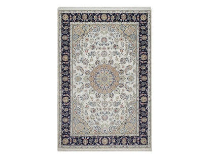 Nain Fine Oriental hand-knotted wool/silk rug in Ivory & Midnight Blue, 6'3" x 9'4" — SKU O092491