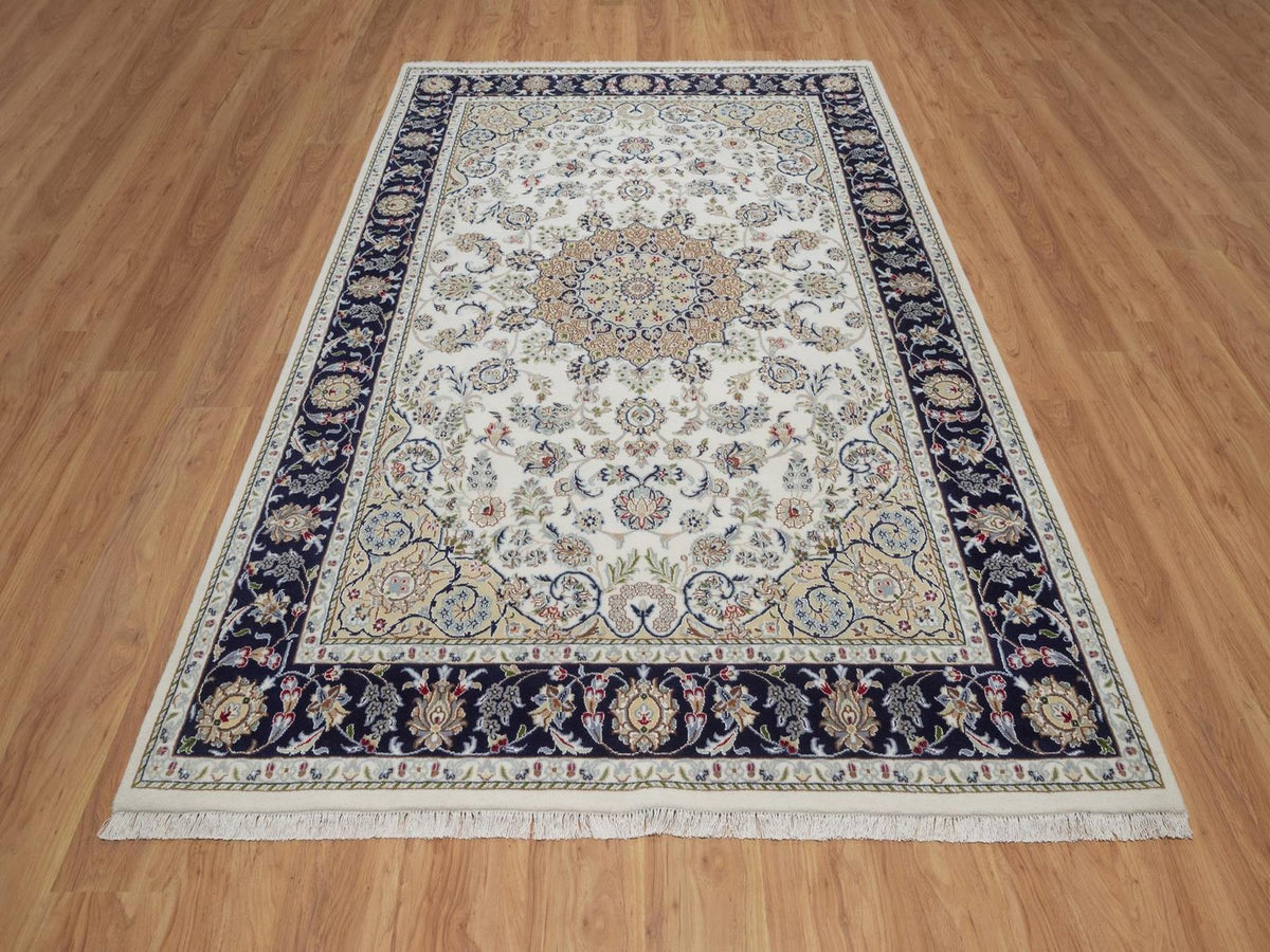 Nain Fine Oriental hand-knotted wool/silk rug in Ivory & Midnight Blue, 6'3" x 9'4" — SKU O092491 (view 2)