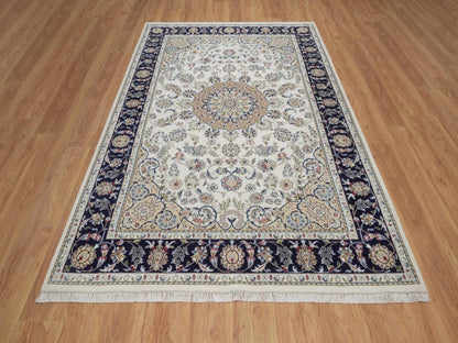 Nain Fine Oriental hand-knotted wool/silk rug in Ivory & Midnight Blue, 6'3" x 9'4" — SKU O092491 (view 2)