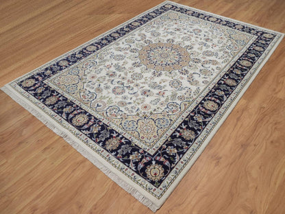 Nain Fine Oriental hand-knotted wool/silk rug in Ivory & Midnight Blue, 6'3" x 9'4" — SKU O092491 (view 3)