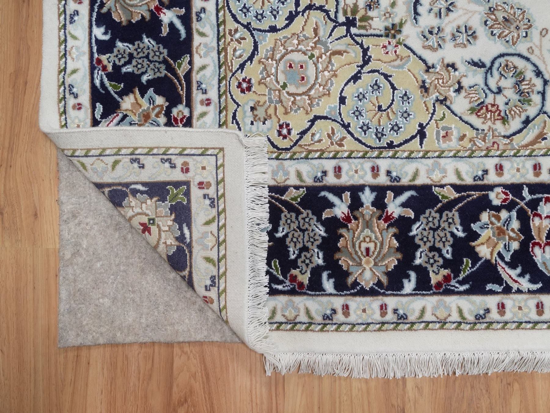 Nain Fine Oriental hand-knotted wool/silk rug in Ivory & Midnight Blue, 6'3" x 9'4" — SKU O092491 (view 4)