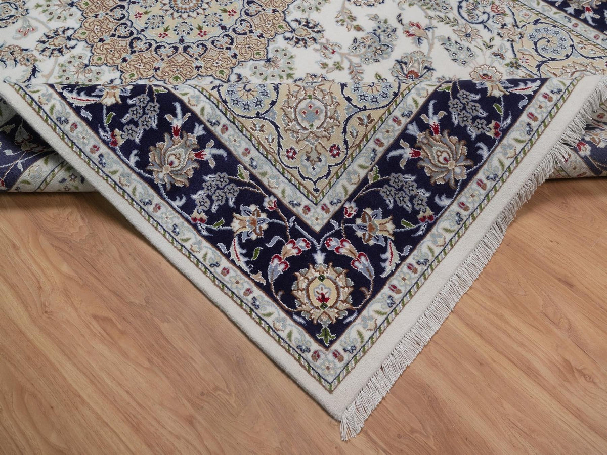 Nain Fine Oriental hand-knotted wool/silk rug in Ivory & Midnight Blue, 6'3" x 9'4" — SKU O092491 (view 6)