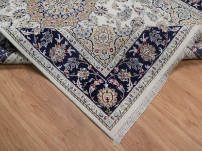 Nain Fine Oriental hand-knotted wool/silk rug in Ivory & Midnight Blue, 6'3" x 9'4" — SKU O092491 (view 6)