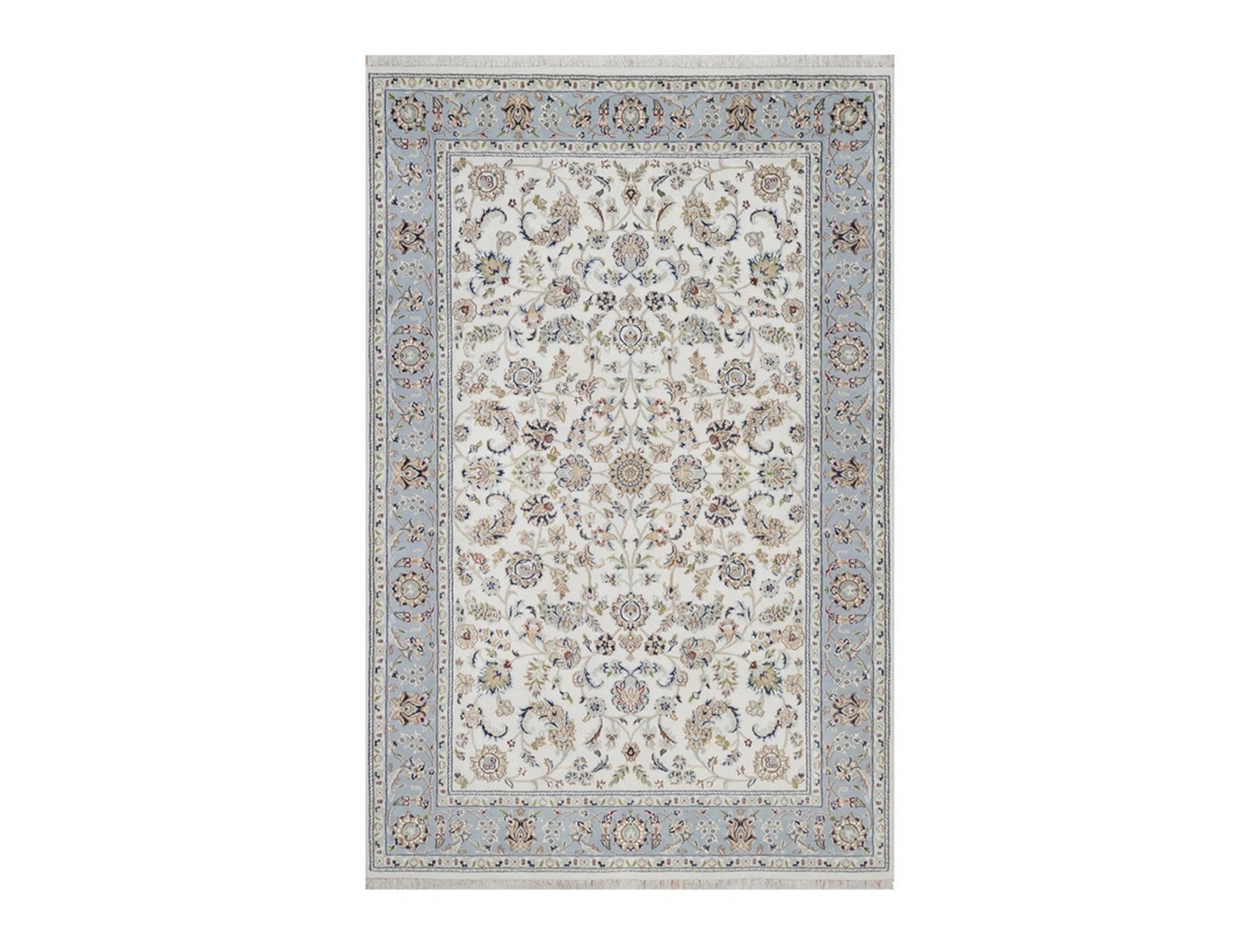 Nain Fine Oriental hand-knotted wool/silk rug in Ivory & Light Blue, 6' x 9'4" — SKU O092492