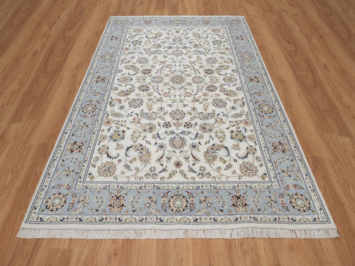 Nain Fine Oriental hand-knotted wool/silk rug in Ivory & Light Blue, 6' x 9'4" — SKU O092492 (view 2)