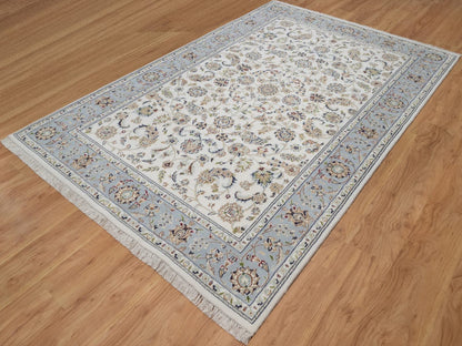 Nain Fine Oriental hand-knotted wool/silk rug in Ivory & Light Blue, 6' x 9'4" — SKU O092492 (view 3)